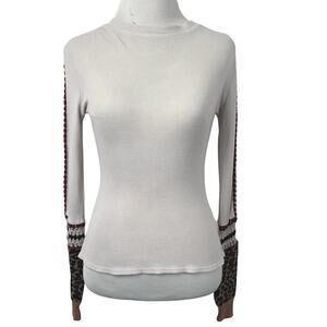 Gimmicks Cream Ribbed Knit Top Small Leopard Crochet Sleeve Boho Western Stretch